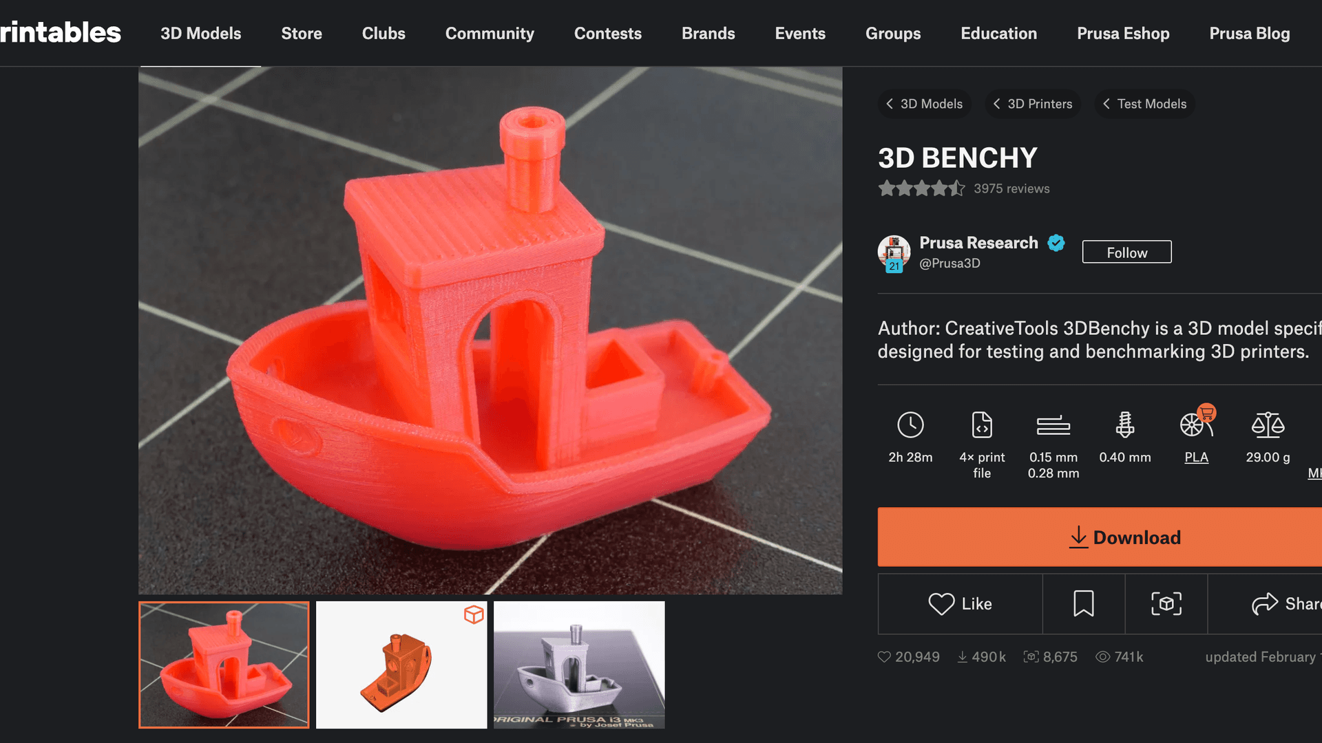 Página de modelo na Printables com o botão de download em destaque