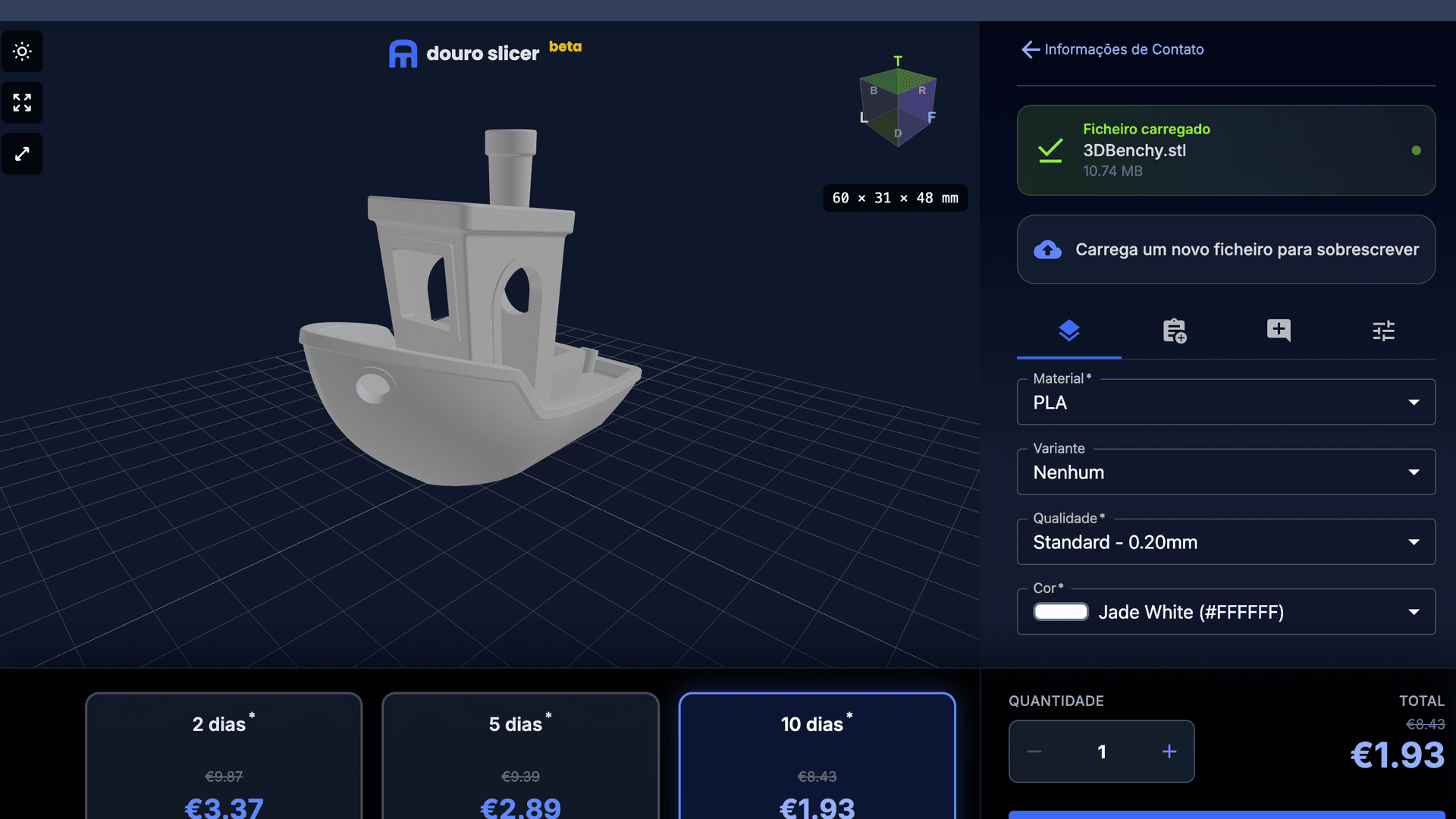 Ferramenta de orçamento instantâneo a estimar a impressão de um modelo